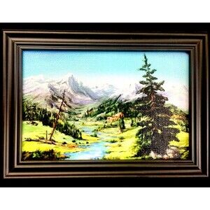Original Miniature Digital Painting Landscape Canvas 4" x 6" Mountains Framed